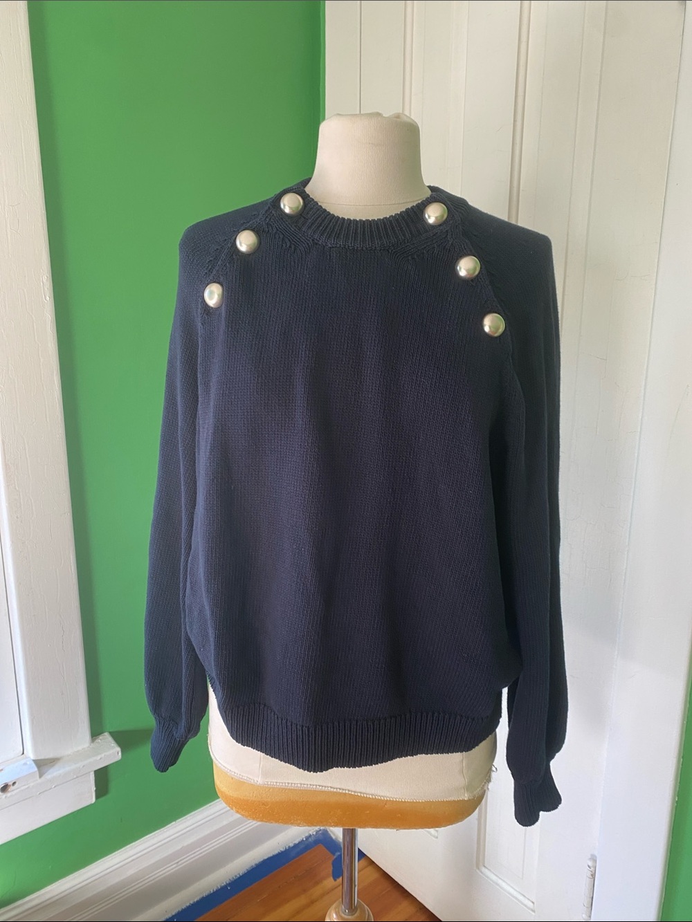 Sezane Pearl-Accent Navy cotton Sweater made on Italy